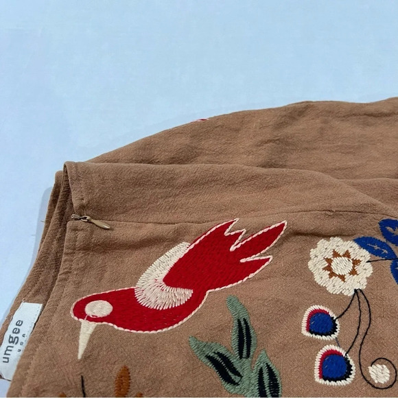 Umgee Embroidered Mini Skirt Women's Small Brown Boho Pom Pom Bird Floral - Picture 7 of 13